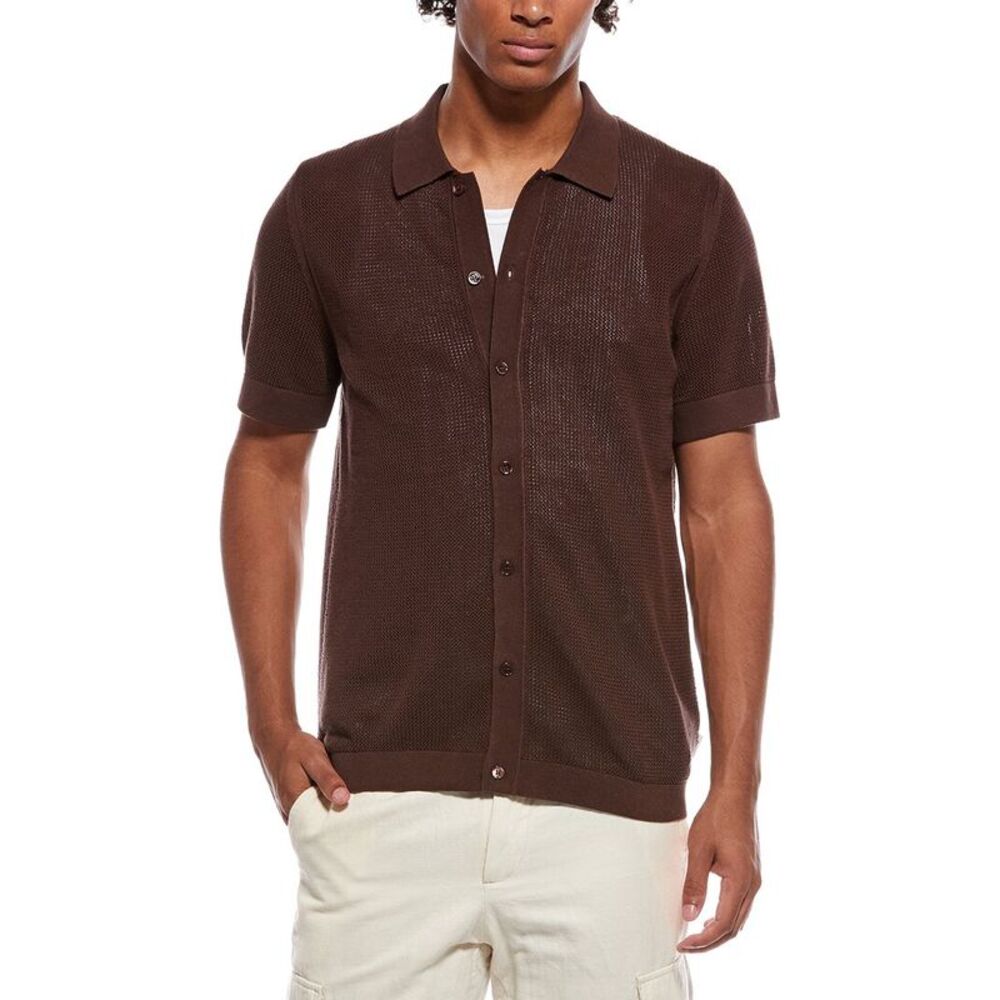 Onia Mens  Crochet Knit Button Up, Brown